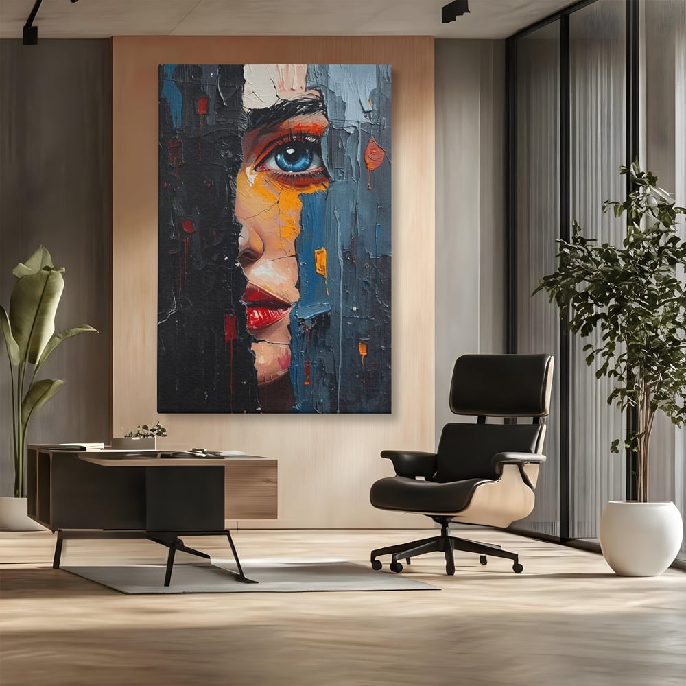 Tablou canvas cu tablou canvas cu portretul unei femei, fara rama, pe sasiu de lemn, pe perete intr-un birou